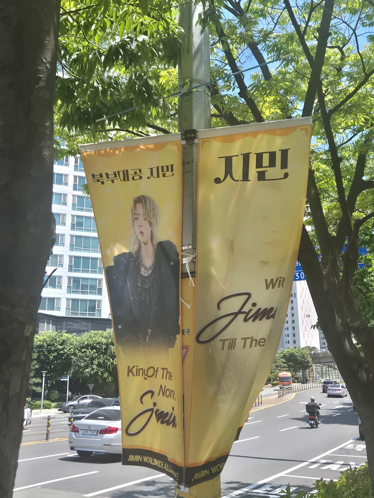 가로수길 도로변에 설치된 화려한 노란색 톤의 지민 개인 배너