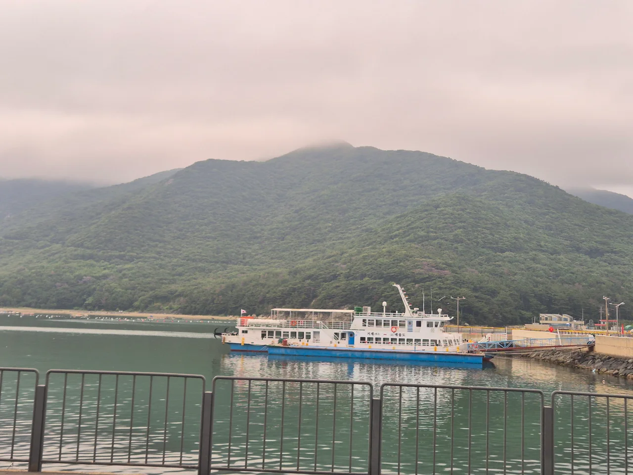 해무 가득한 초록빛 산 아래 고요히 정박 중인 매물도행 화이트 크루즈 여객선