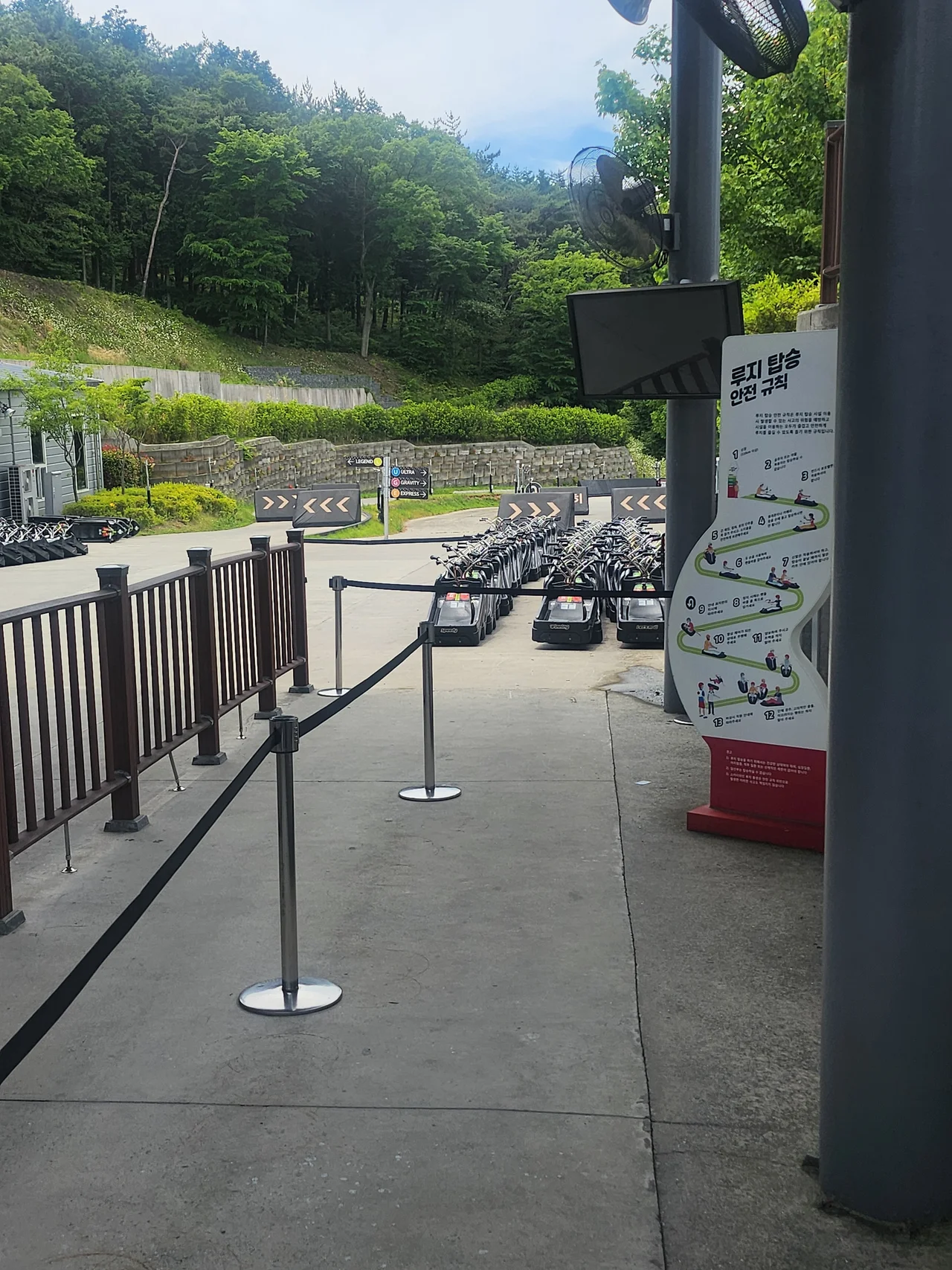 탑승장 대기선 입구와 그 옆에 세워진 안전 규칙 수칙판