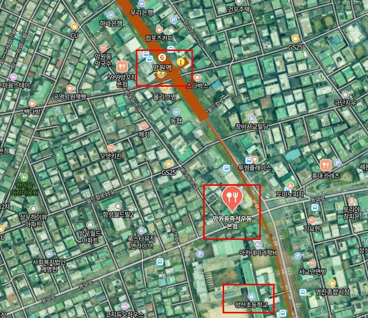 망원역 2번 출구와 성산초등학교 근처에 있는 망원동즉석우동 본점 위치 지도