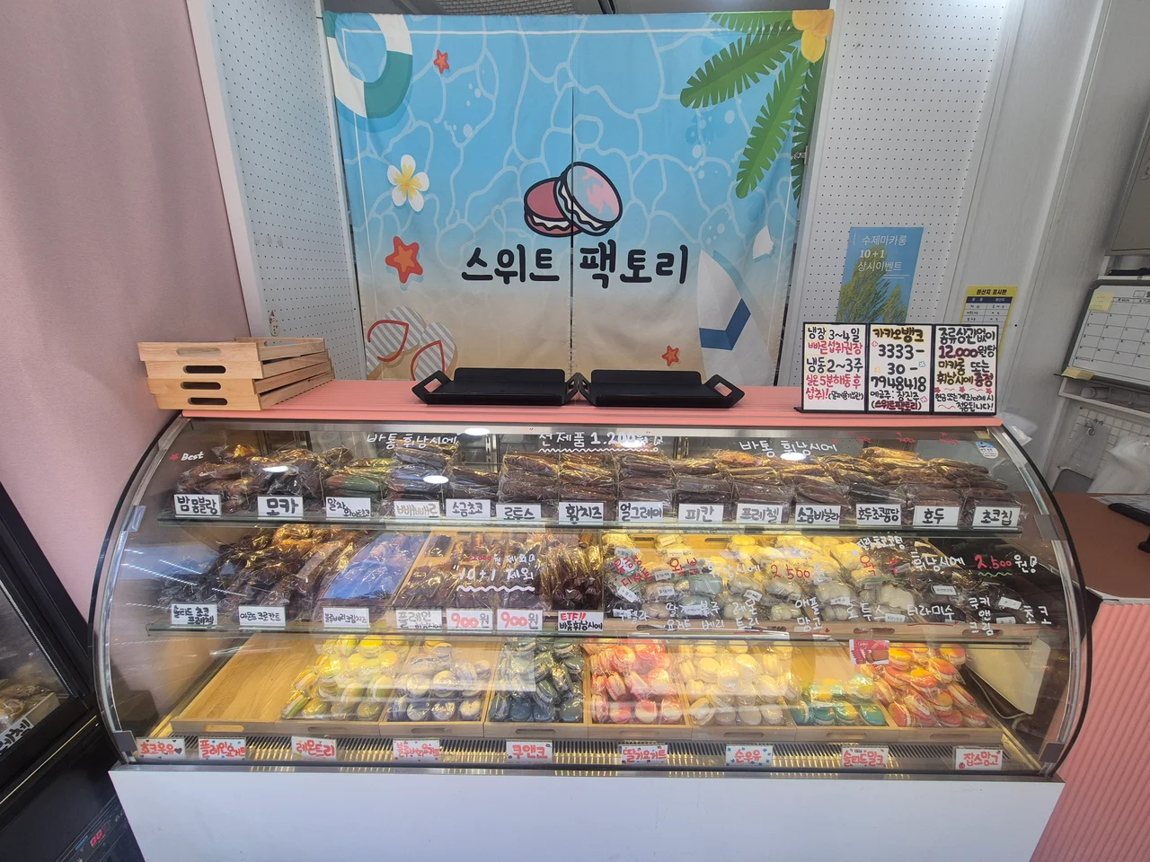메인 쇼케이스에 가득 진열된 마카롱과 휘낭시에