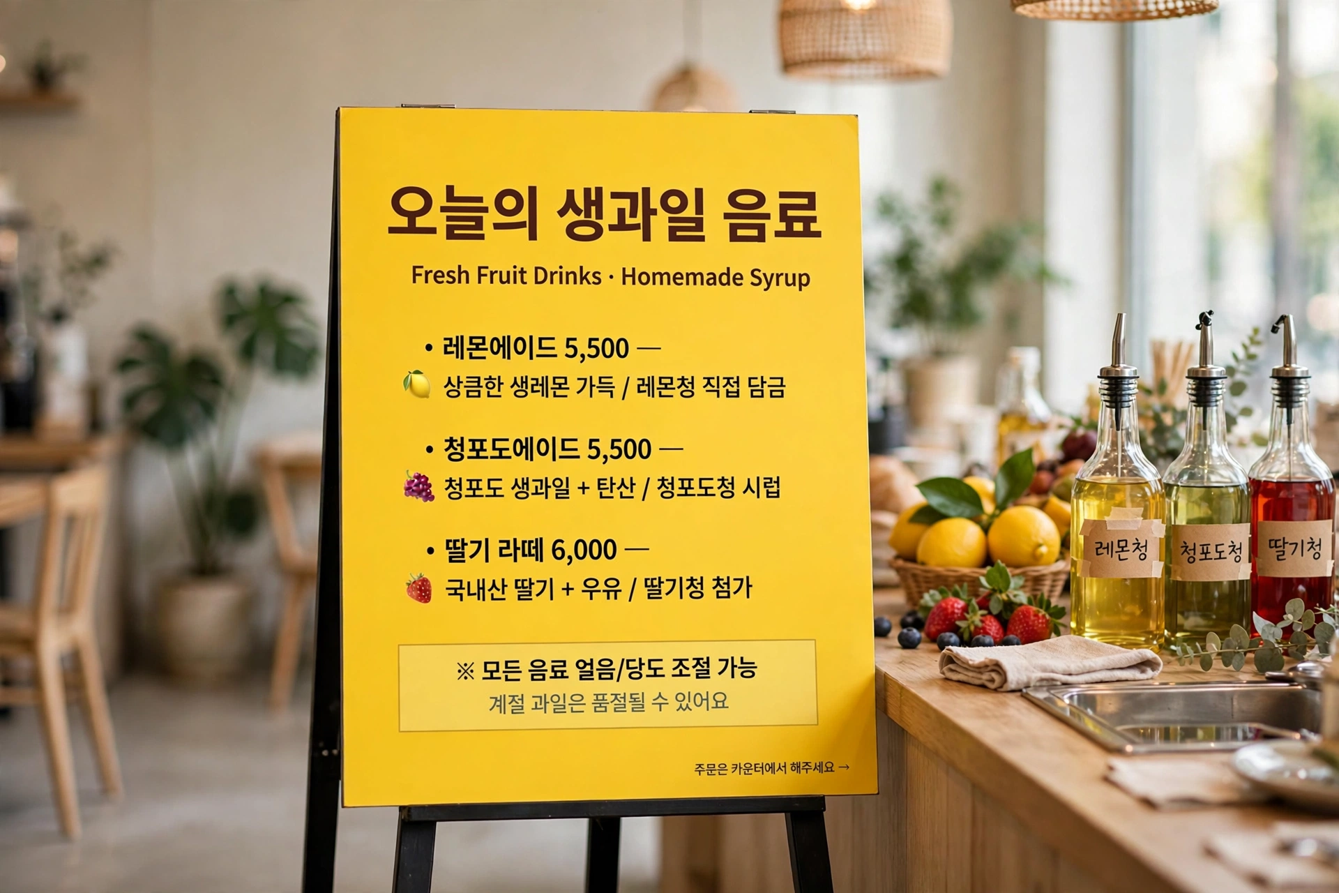 생과일 시럽 사용 안내 문구가 적힌 노란색 안내판